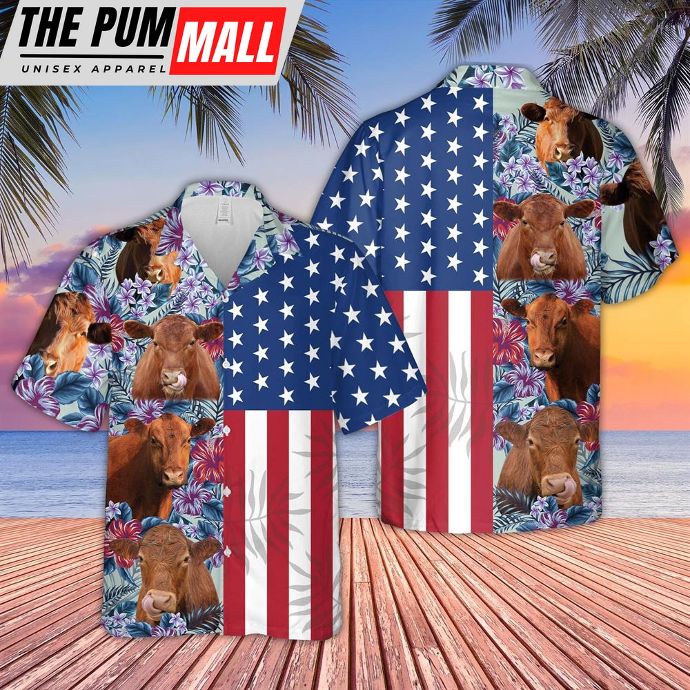 Farm Hawaiian Shirt, Red Angus Flower Pattern Us Flag 3D Hawaiian Shirt, Animal Hawaiian Shirt