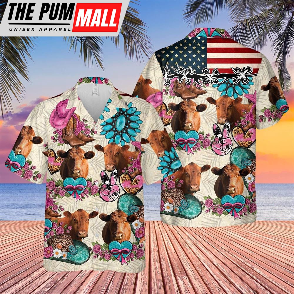 Farm Hawaiian Shirt, Red Angus Happiness Flowers 3D Hawaiian Shirt, Animal Hawaiian Shirt