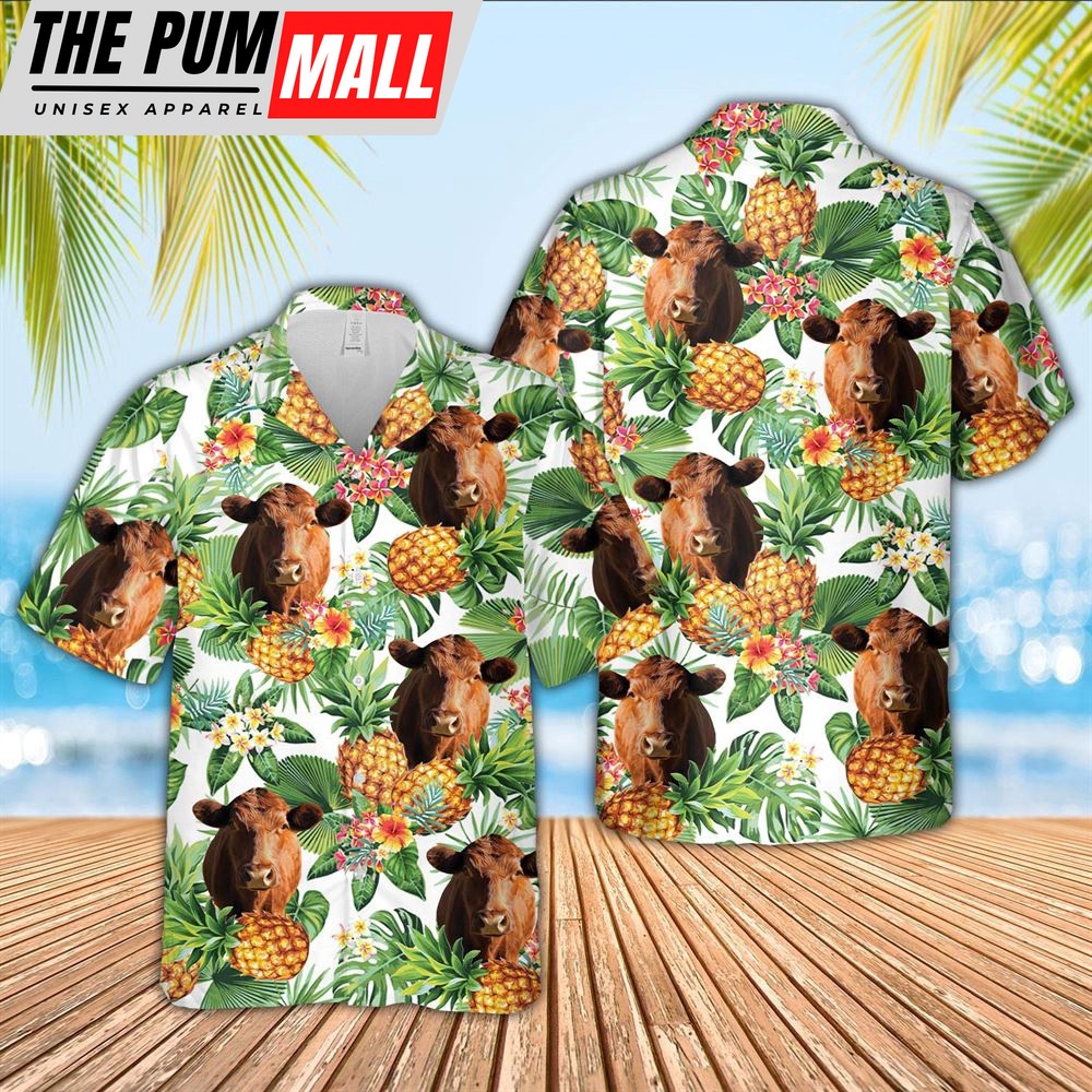 Farm Hawaiian Shirt, Red Angus Pineapple Pattern 3D Hawaiian Shirt, Animal Hawaiian Shirt