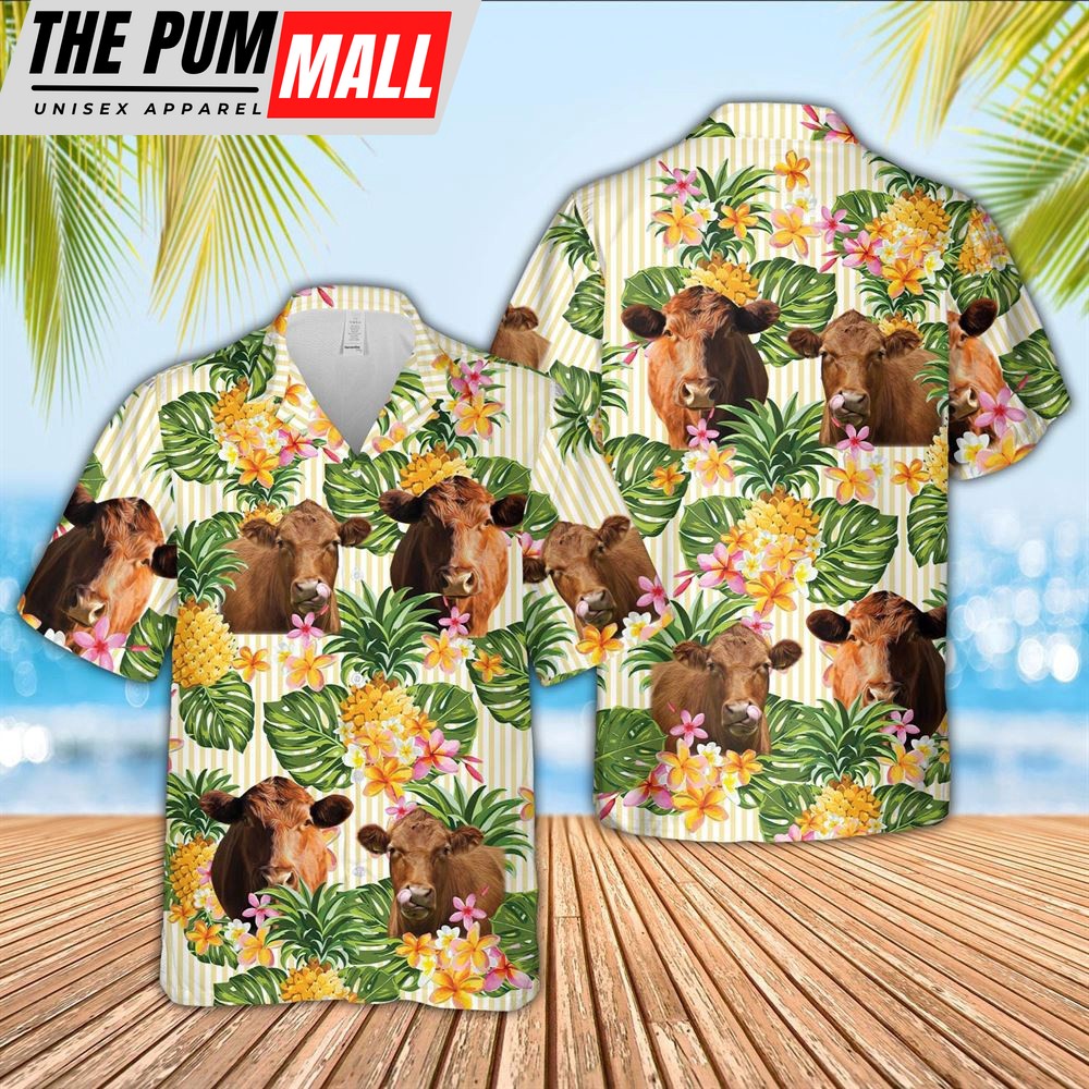 Farm Hawaiian Shirt, Red Angus Pineapple Pattern Hawaiian Shirt, Animal Hawaiian Shirt