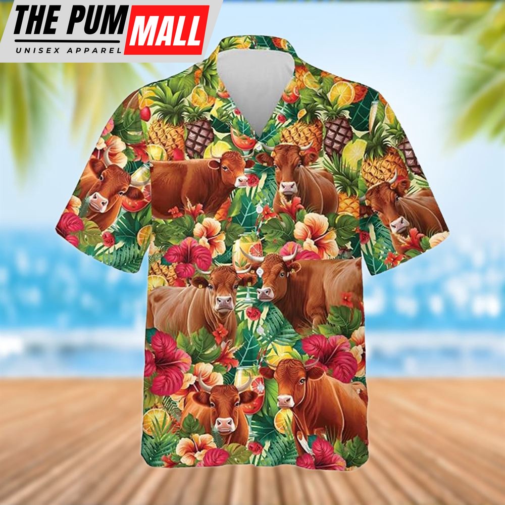 Farm Hawaiian Shirt, Red Angus Tropical Fruits Pattern Hawaiian Shirt, Summer Gift, Animal Hawaiian Shirt
