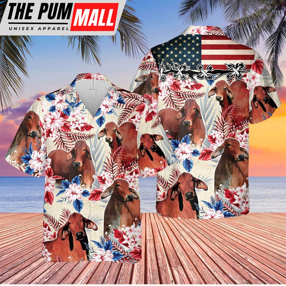 Farm Hawaiian Shirt, Red Brahman Cattle American Flag Hawaiian Flowers All Over Printed 3D Hawaiian Shirt, Animal Hawaiian Shirt
