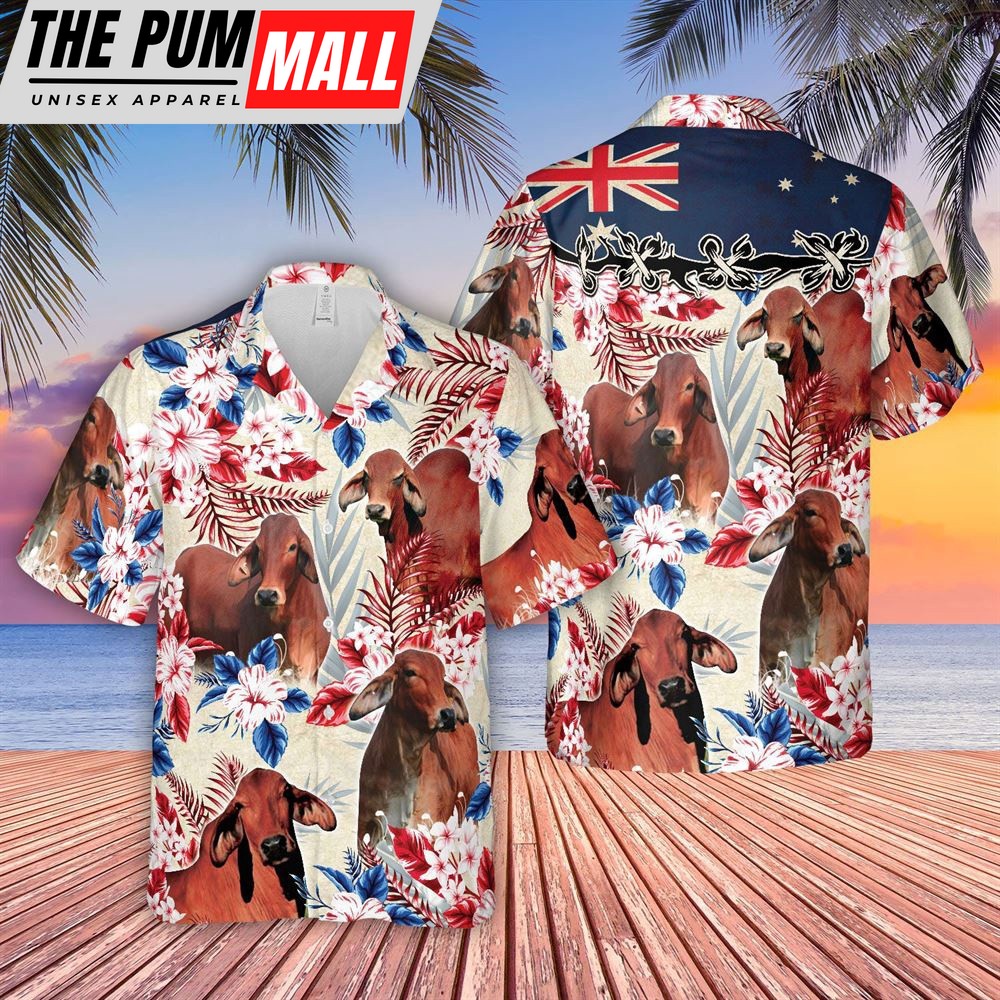 Farm Hawaiian Shirt, Red Brahman Cattle Australia Flag Hawaiian Flowers Hawaiian Shirt, Animal Hawaiian Shirt