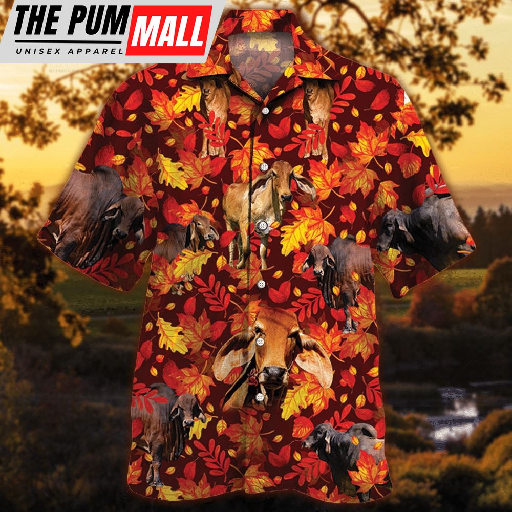Farm Hawaiian Shirt, Red Brahman Cattle Autumn Leaves All Over Printed 3D Hawaiian Shirt, Animal Hawaiian Shirt