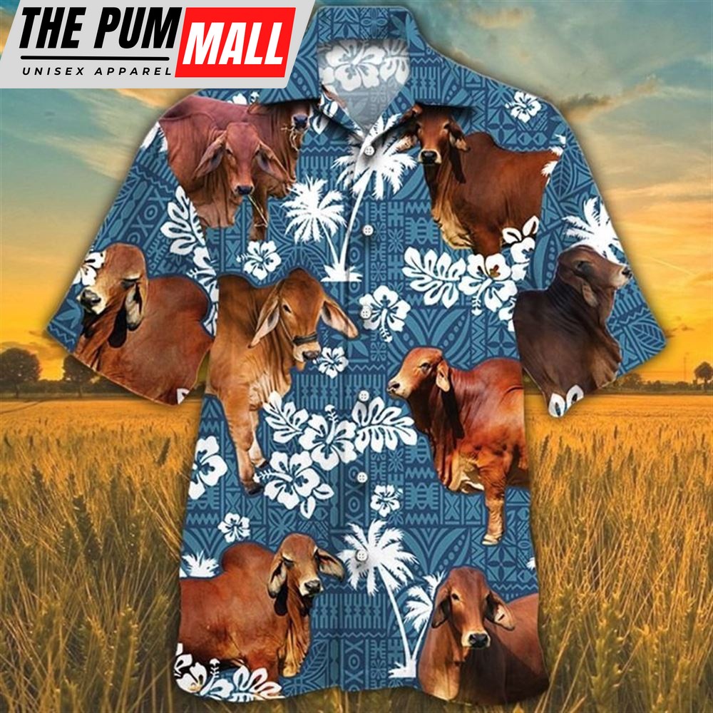 Farm Hawaiian Shirt, Red Brahman Cattle Blue Tribal All Over Printed 3D Hawaiian Shirt, Animal Hawaiian Shirt