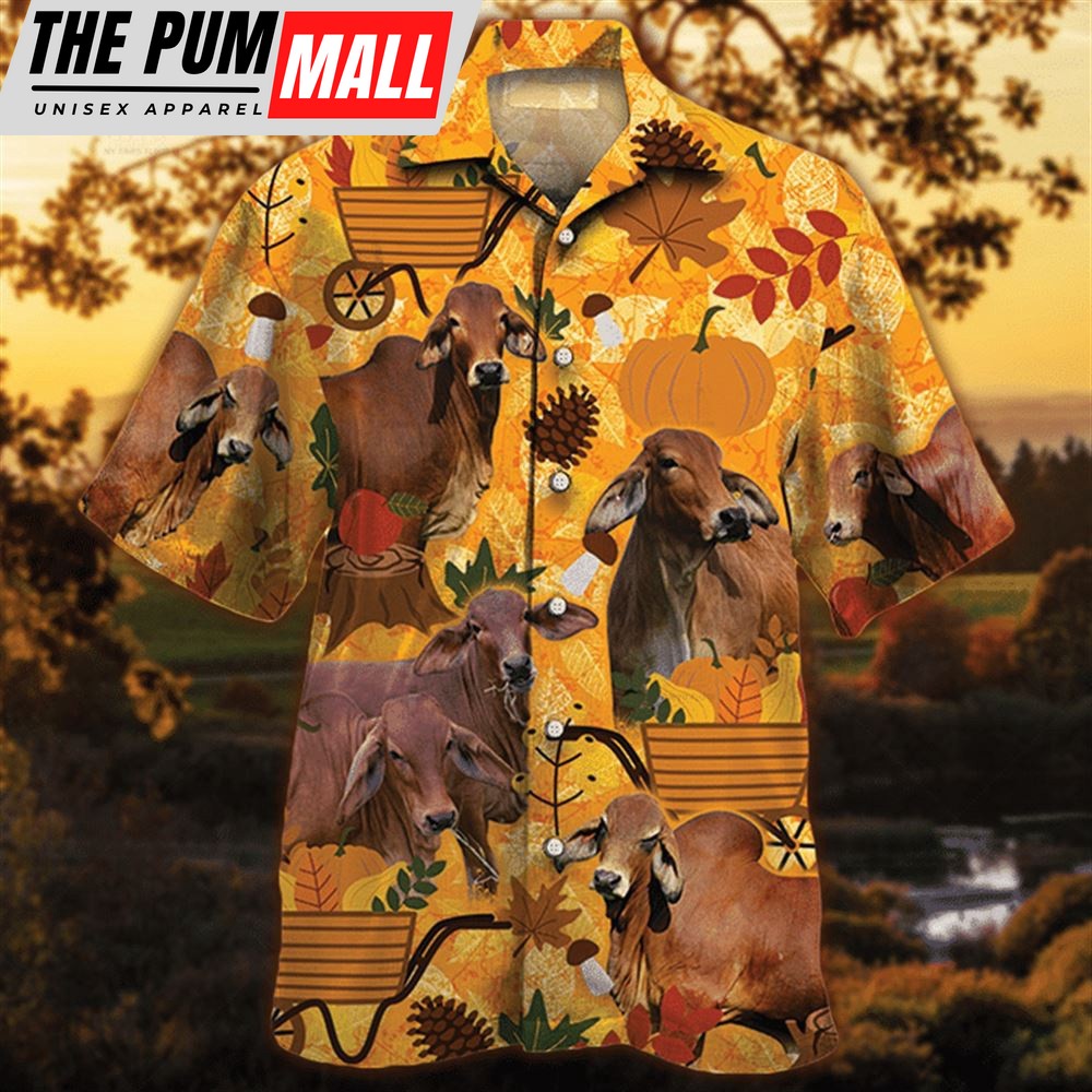 Farm Hawaiian Shirt, Red Brahman Cattle Lovers Orange Nature Autumn Hawaiian Shirt, Animal Hawaiian Shirt
