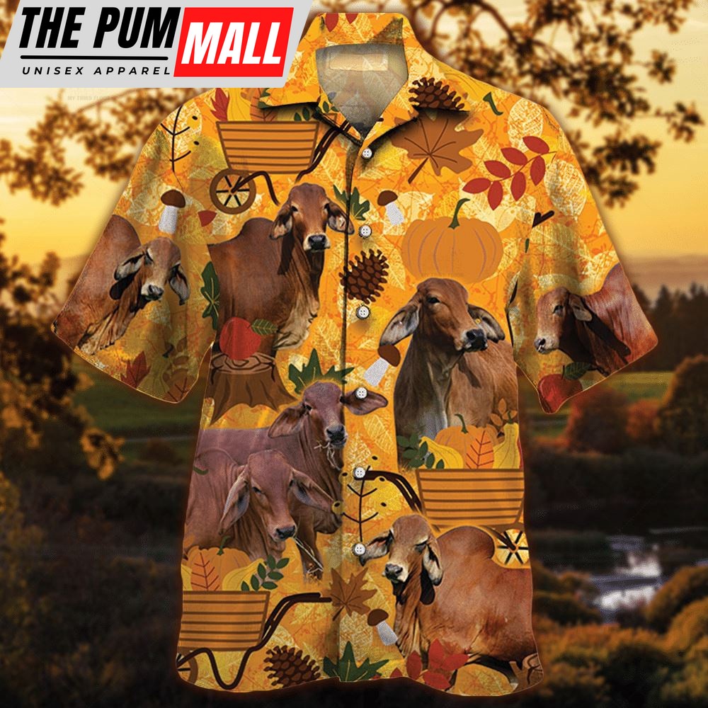Farm Hawaiian Shirt, Red Brahman Cattle Nature Autumn Pumpkin All Over Printed 3D Hawaiian Shirt, Animal Hawaiian Shirt