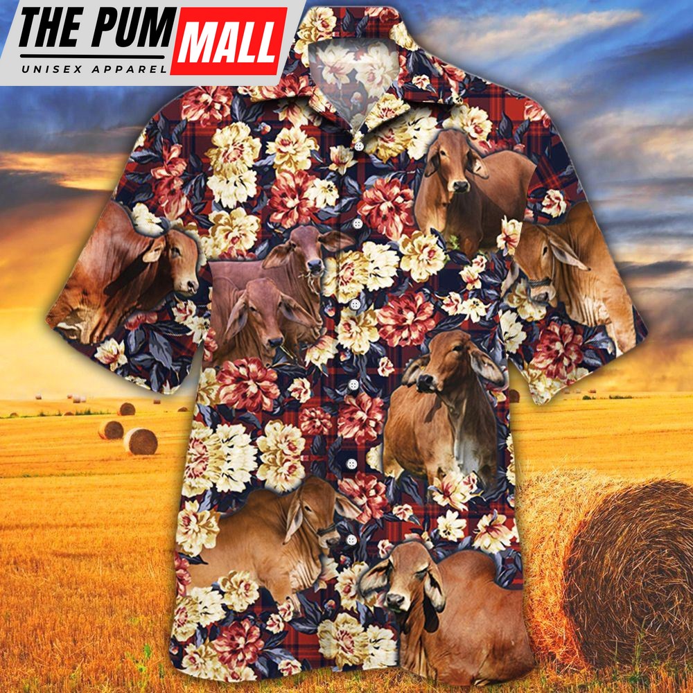 Farm Hawaiian Shirt, Red Brahman Cattle Red Plaid Pattern All Over Printed 3D Hawaiian Shirt, Animal Hawaiian Shirt