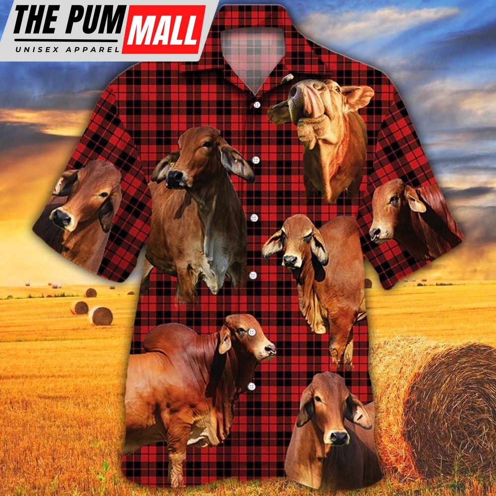 Farm Hawaiian Shirt, Red Brahman Cattle Red Tartan Pattern All Over Printed 3D Hawaiian Shirt, Animal Hawaiian Shirt