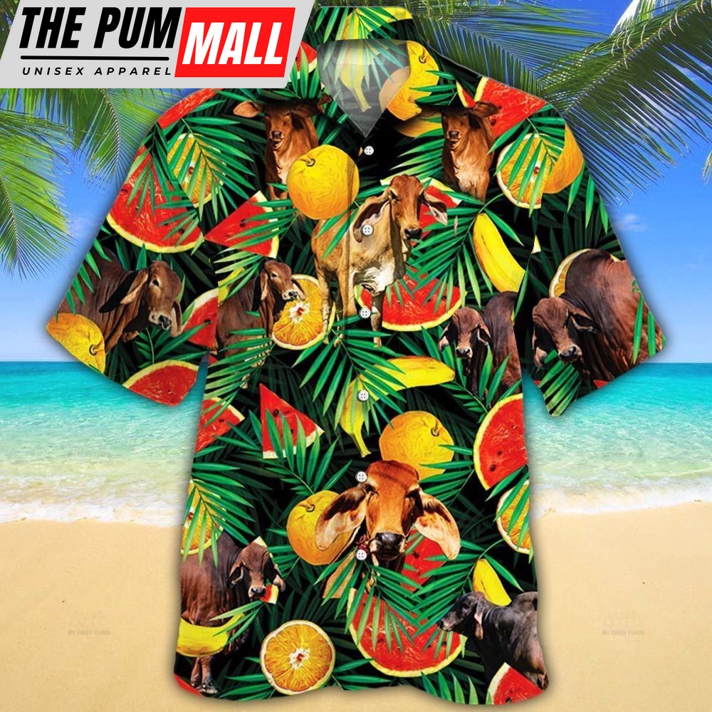 Farm Hawaiian Shirt, Red Brahman Cattle Tropical Fruits All Over Printed 3D Hawaiian Shirt, Animal Hawaiian Shirt