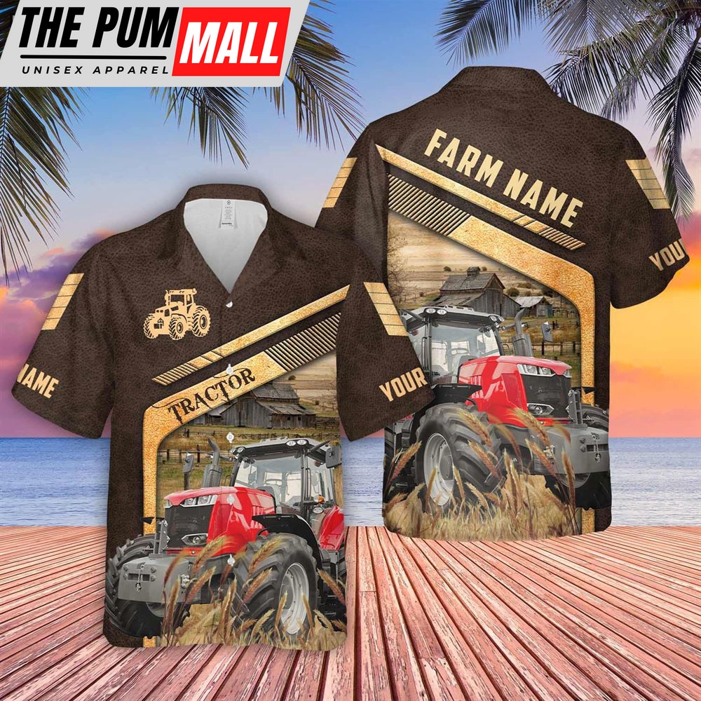 Farm Hawaiian Shirt, Red Tractor Brown Pattern Customized Name 3D Hawaiian Shirt, Animal Hawaiian Shirt