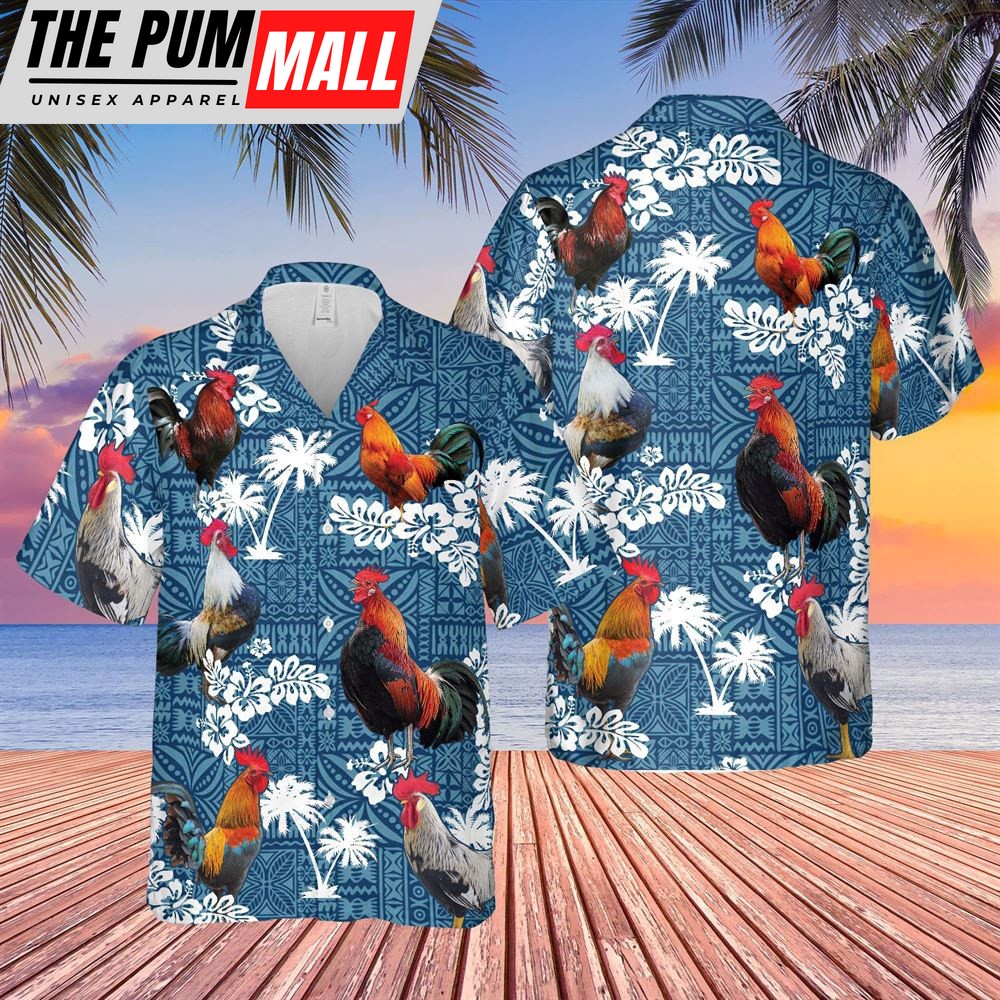 Farm Hawaiian Shirt, Rooster Blue Tribal All Over Printed 3D Hawaiian Shirt, Animal Hawaiian Shirt