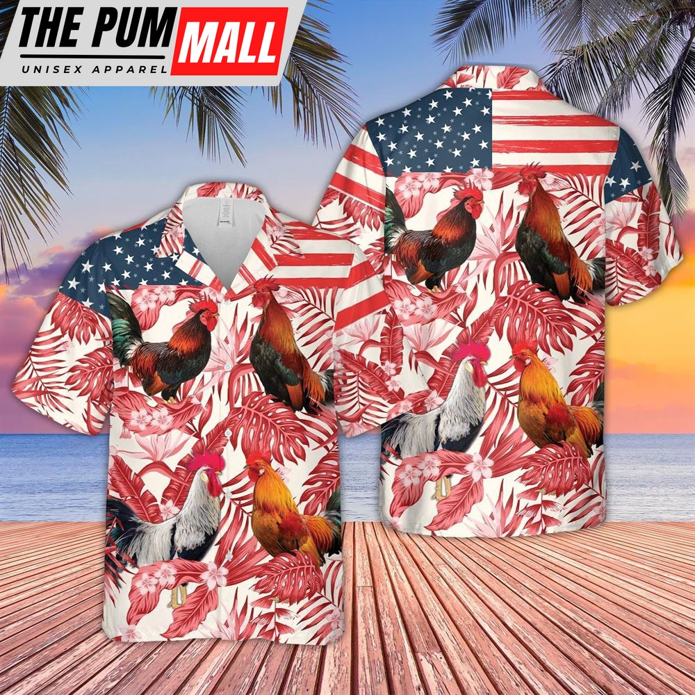 Farm Hawaiian Shirt, Rooster Red Floral Us Flag 3D Hawaiian Shirt, Animal Hawaiian Shirt