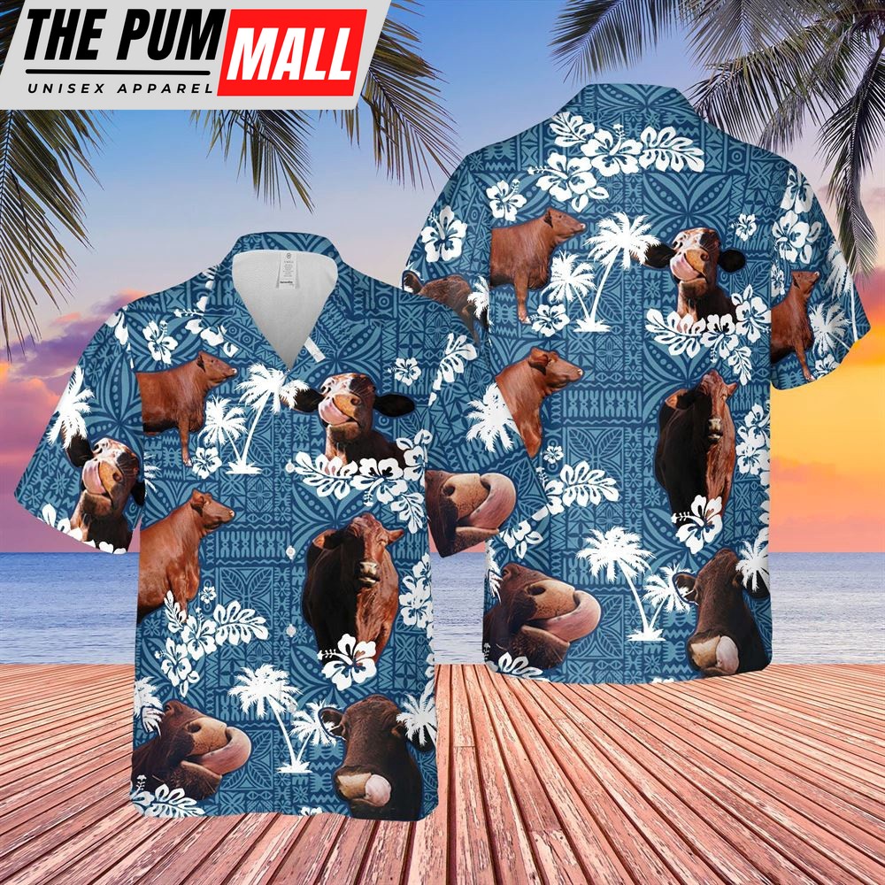 Farm Hawaiian Shirt, Santa Gertrudis Cattle Blue Tribal All Over Printed 3D Hawaiian Shirt, Animal Hawaiian Shirt