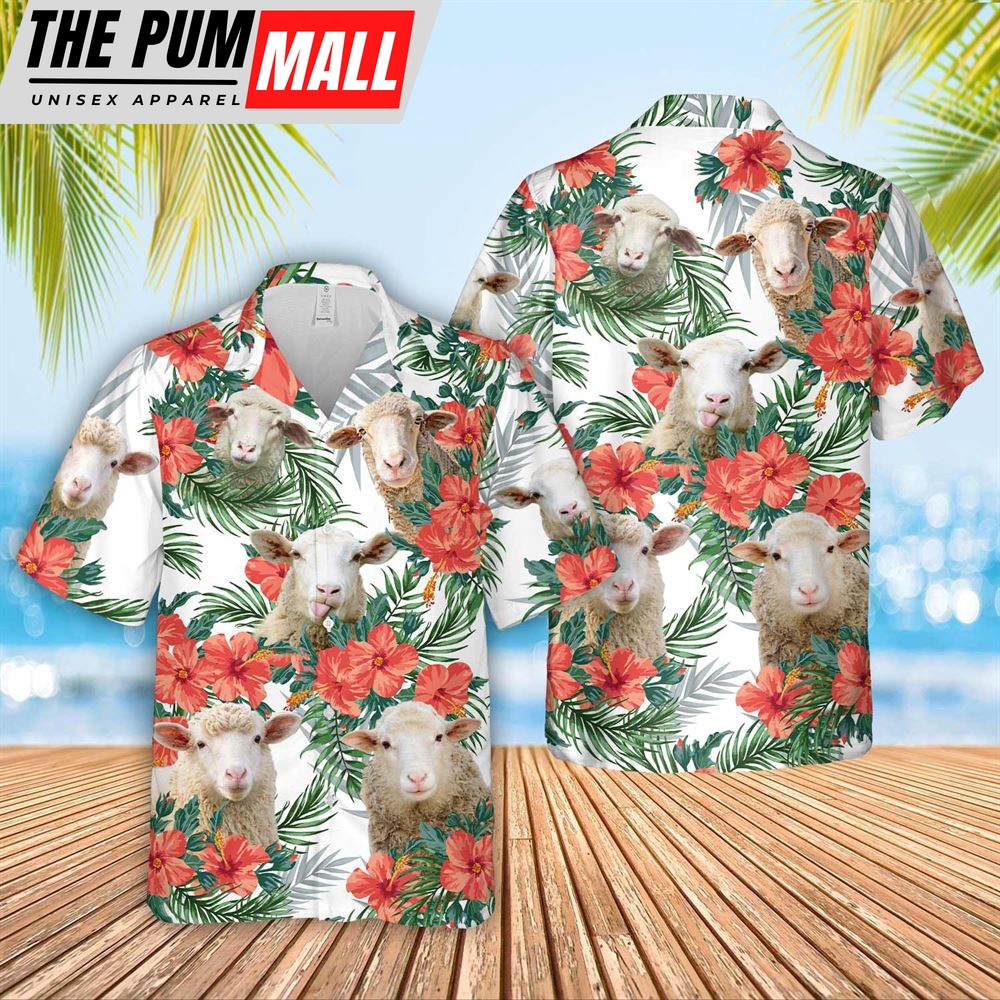Farm Hawaiian Shirt, Sheep Cattle Hibucis Flower Pattern 3D Hawaiian Shirt, Animal Hawaiian Shirt