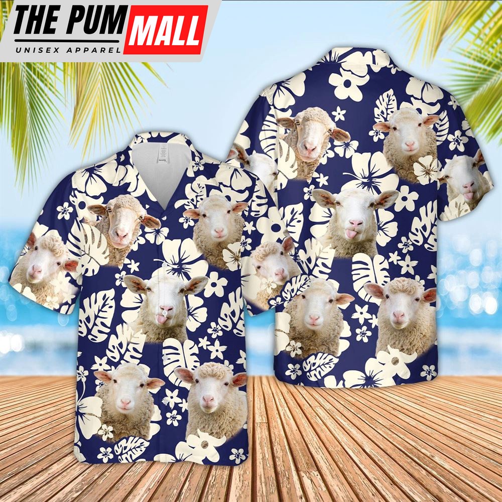 Farm Hawaiian Shirt, Sheep Flower Blue Pattern 3D Hawaiian Shirt, Animal Hawaiian Shirt