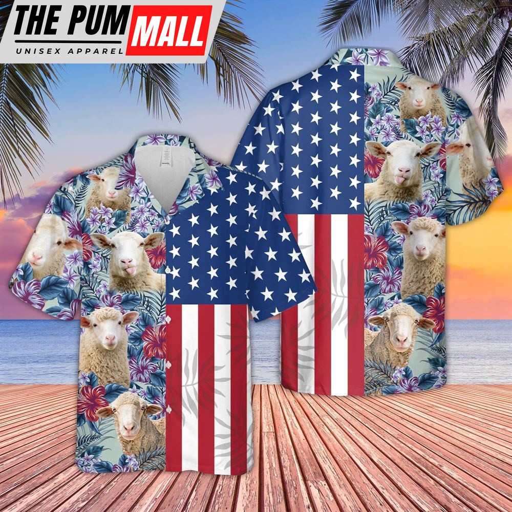 Farm Hawaiian Shirt, Sheep Flower Pattern Us Flag 3D Hawaiian Shirt, Animal Hawaiian Shirt