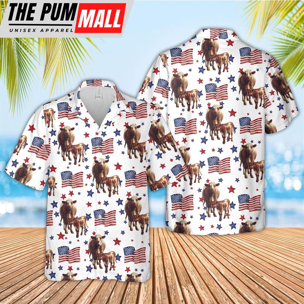 Farm Hawaiian Shirt, Shorthorn American Flag Pattern Hawaiian Shirt, Animal Hawaiian Shirt