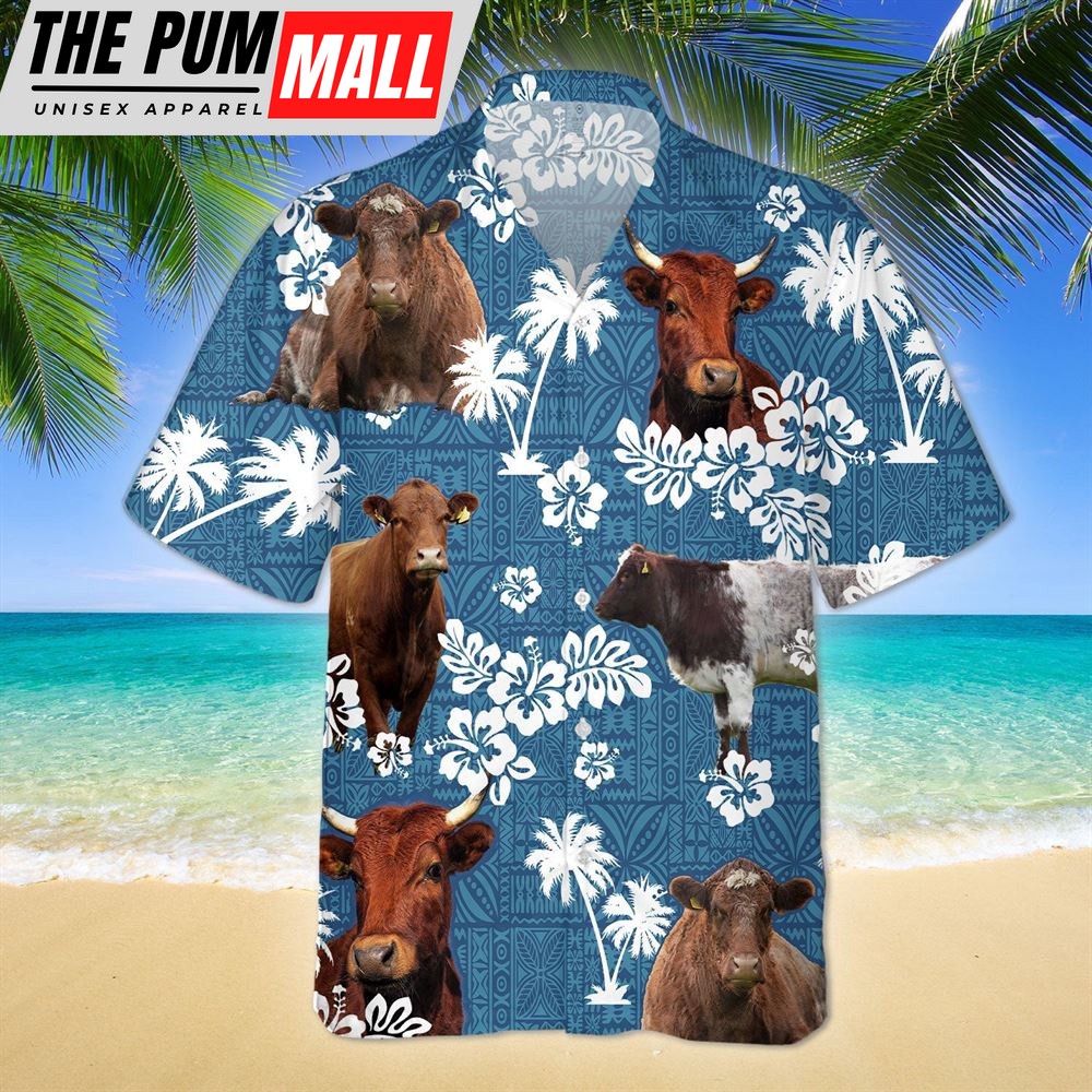 Farm Hawaiian Shirt, Shorthorn Blue Tribal All Over Printed 3D Hawaiian Shirt, Animal Hawaiian Shirt