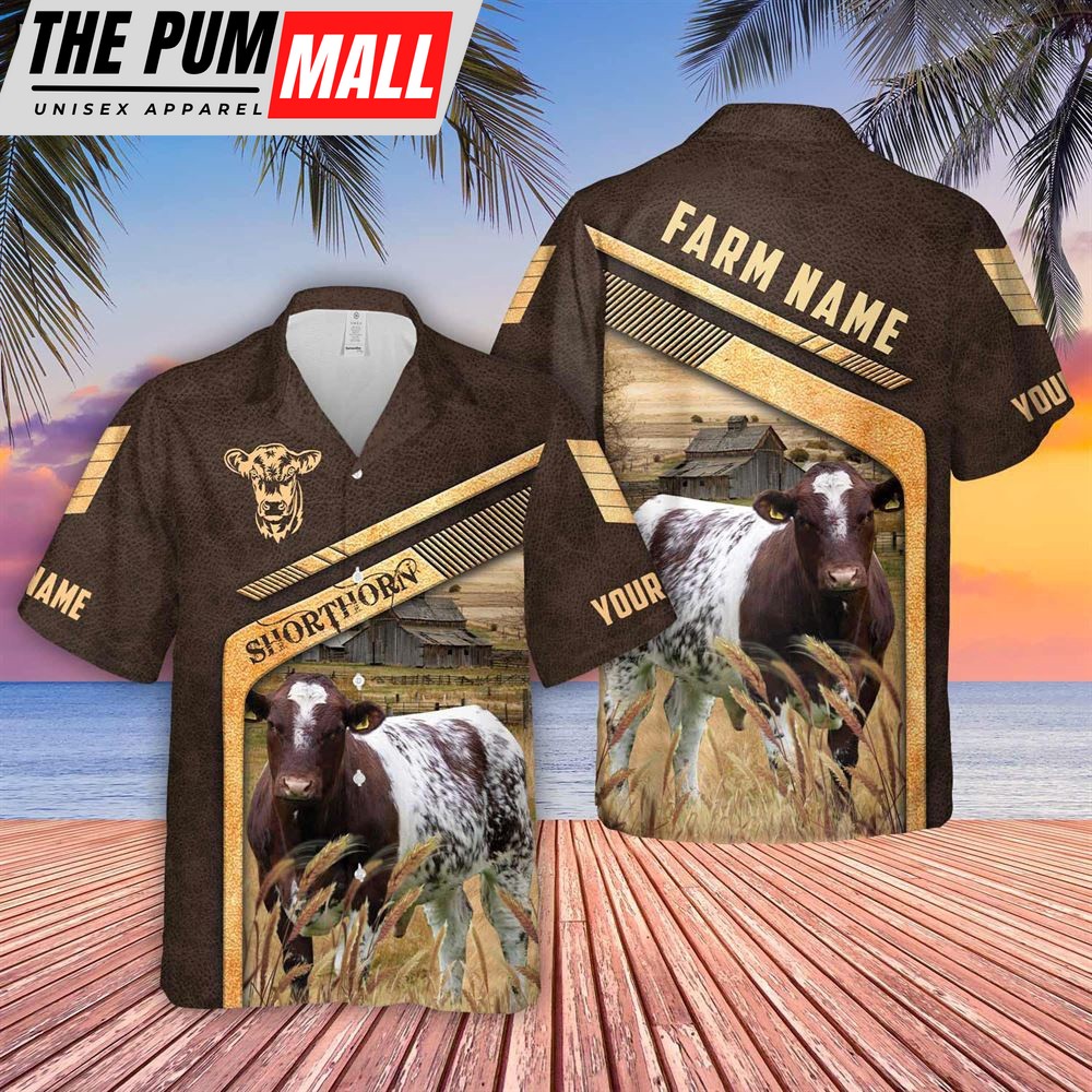 Farm Hawaiian Shirt, Shorthorn Brown Pattern Customized Name 3D Hawaiian Shirt, Animal Hawaiian Shirt