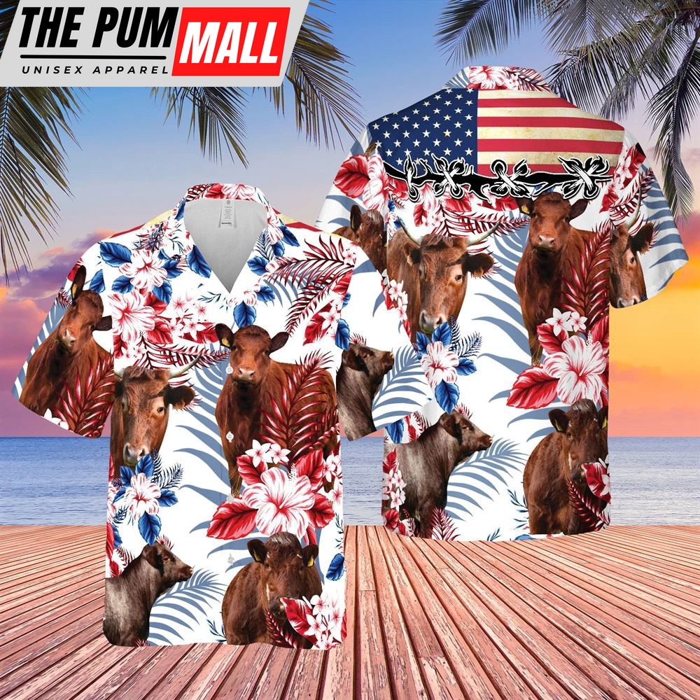Farm Hawaiian Shirt, Shorthorn Cattle American Flag All Over Printed 3D Hawaiian Shirt, Animal Hawaiian Shirt