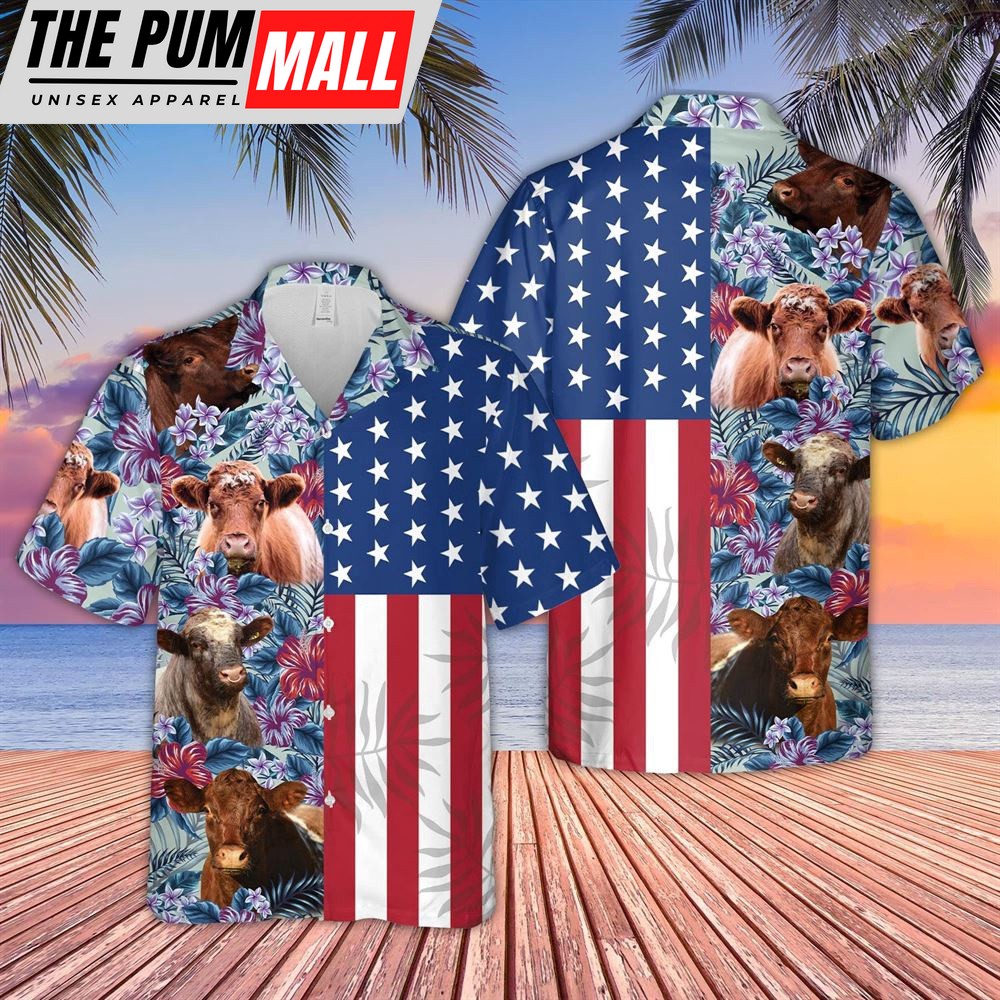 Farm Hawaiian Shirt, Shorthorn Flower Pattern American 3D Hawaiian Shirt, Animal Hawaiian Shirt