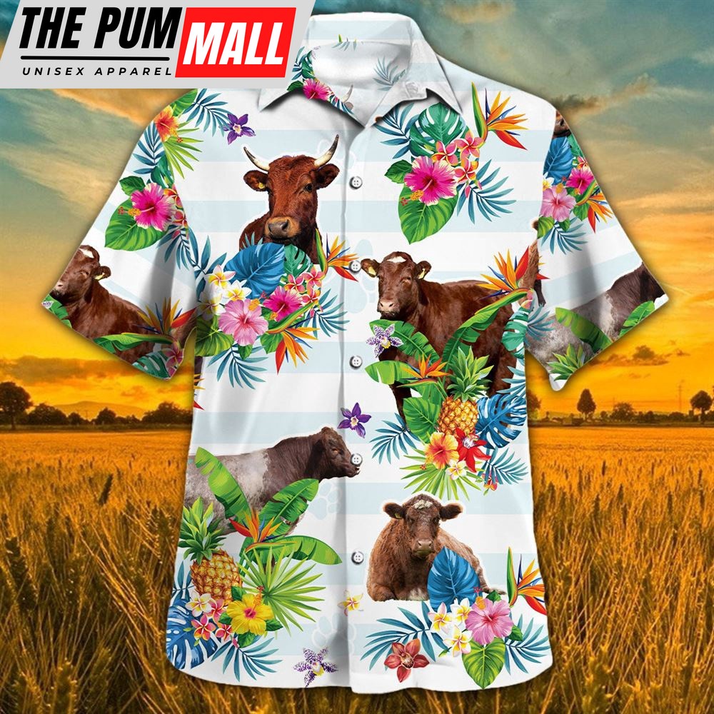 Farm Hawaiian Shirt, Shorthorn Hawaiian Theme Plants Pineapple All Over Printed 3D Hawaiian Shirt, Animal Hawaiian Shirt