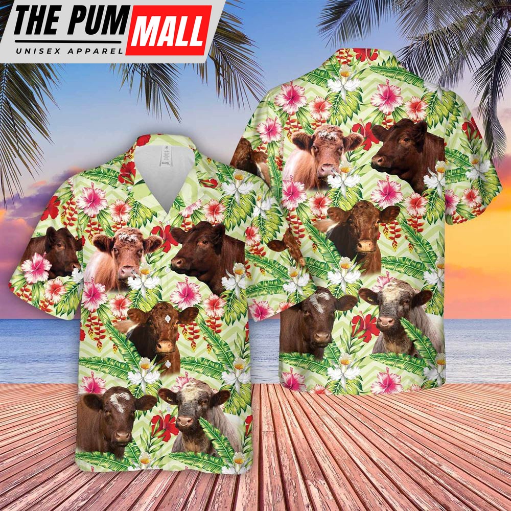 Farm Hawaiian Shirt, Shorthorn Hibicus Floral 3D Hawaiian Shirt, Animal Hawaiian Shirt