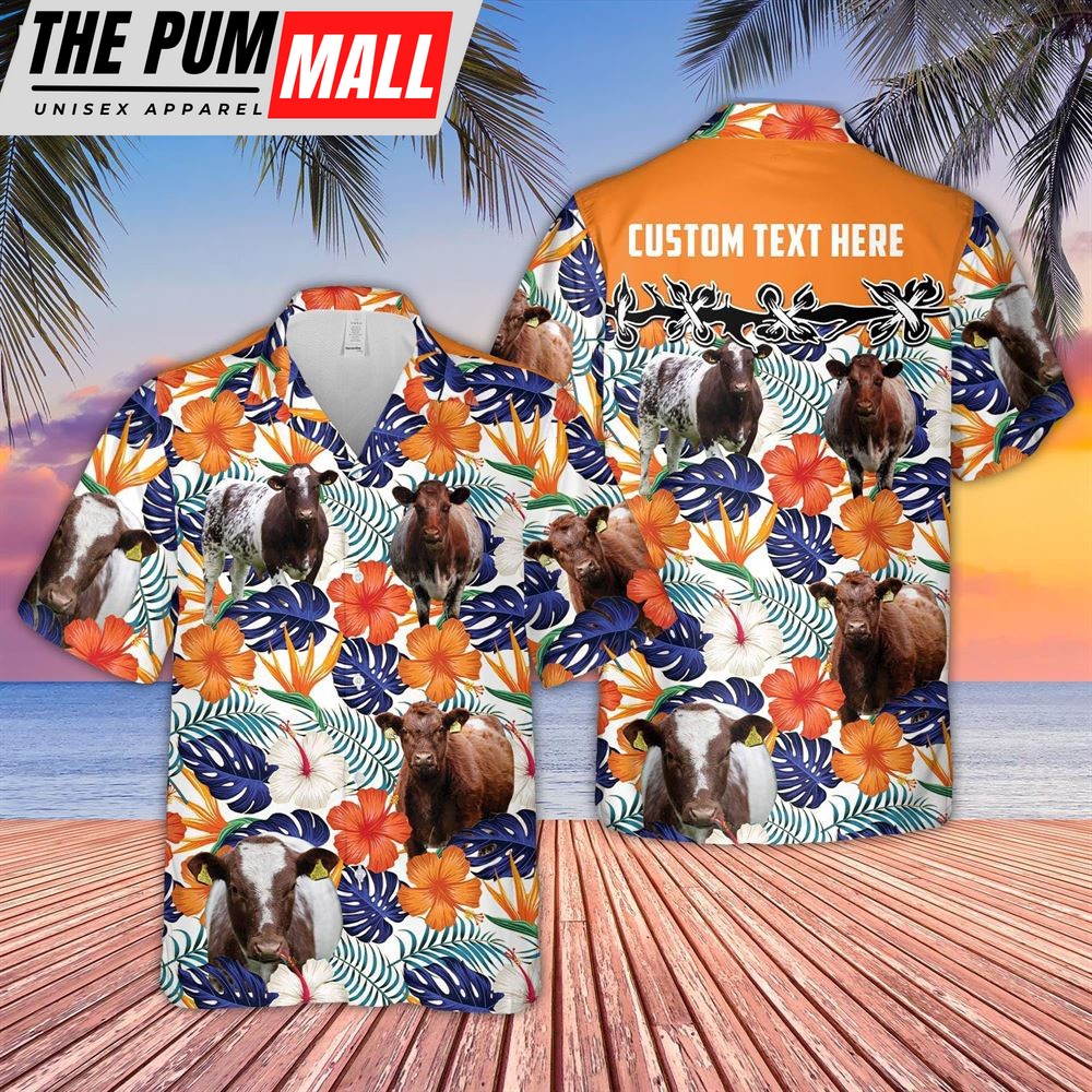 Farm Hawaiian Shirt, Shorthorn Hibiscus Blue Floral Custom Name 3D Hawaiian Shirt, Animal Hawaiian Shirt