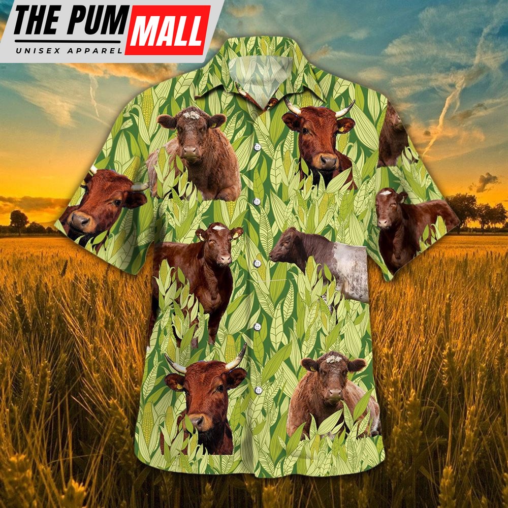 Farm Hawaiian Shirt, Shorthorn In Green Corn Field All Over Printed 3D Hawaiian Shirt, Animal Hawaiian Shirt