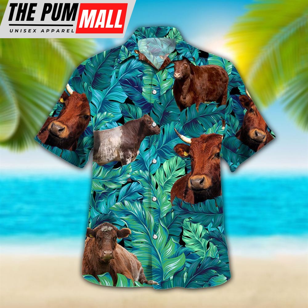 Farm Hawaiian Shirt, Shorthorn Tropical Hawaiian Palm Leaves All Over Printed 3D Hawaiian Shirt, Animal Hawaiian Shirt