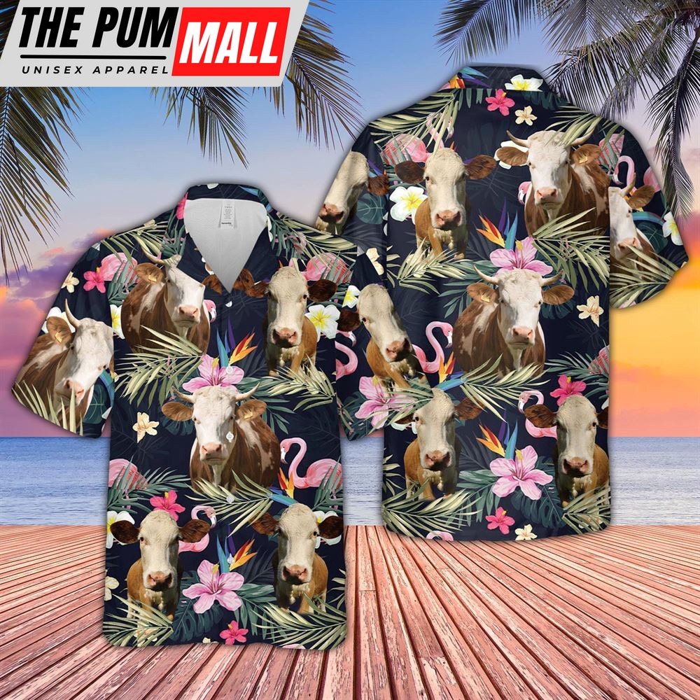 Farm Hawaiian Shirt, Simmental And Flamingo Flower Pattern 3D Hawaiian Shirt, Animal Hawaiian Shirt