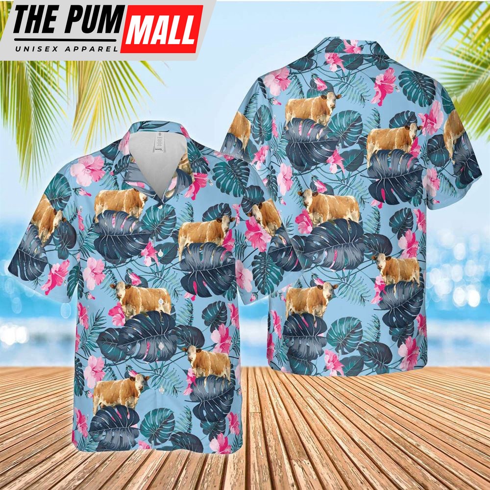 Farm Hawaiian Shirt, Simmental Blue Hibiscus Hawaiian Shirt, Animal Hawaiian Shirt