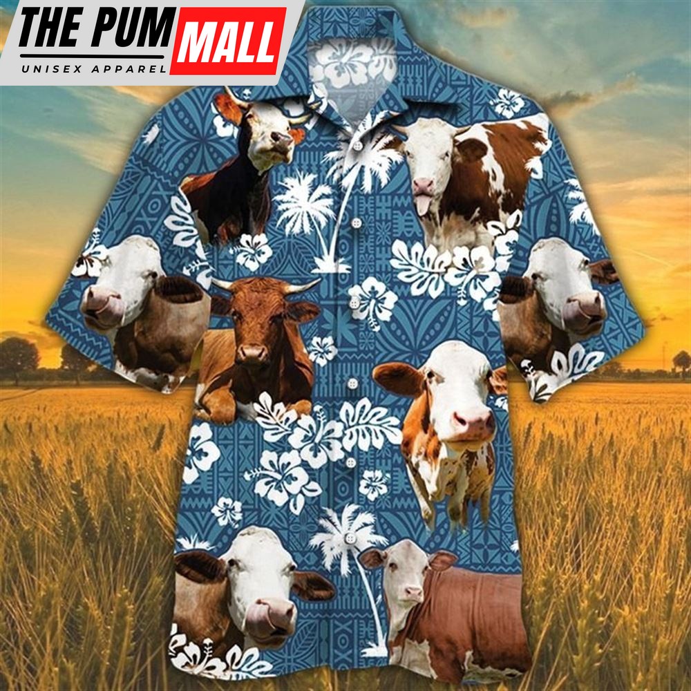 Farm Hawaiian Shirt, Simmental Cattle Blue Tribal All Over Printed 3D Hawaiian Shirt, Animal Hawaiian Shirt