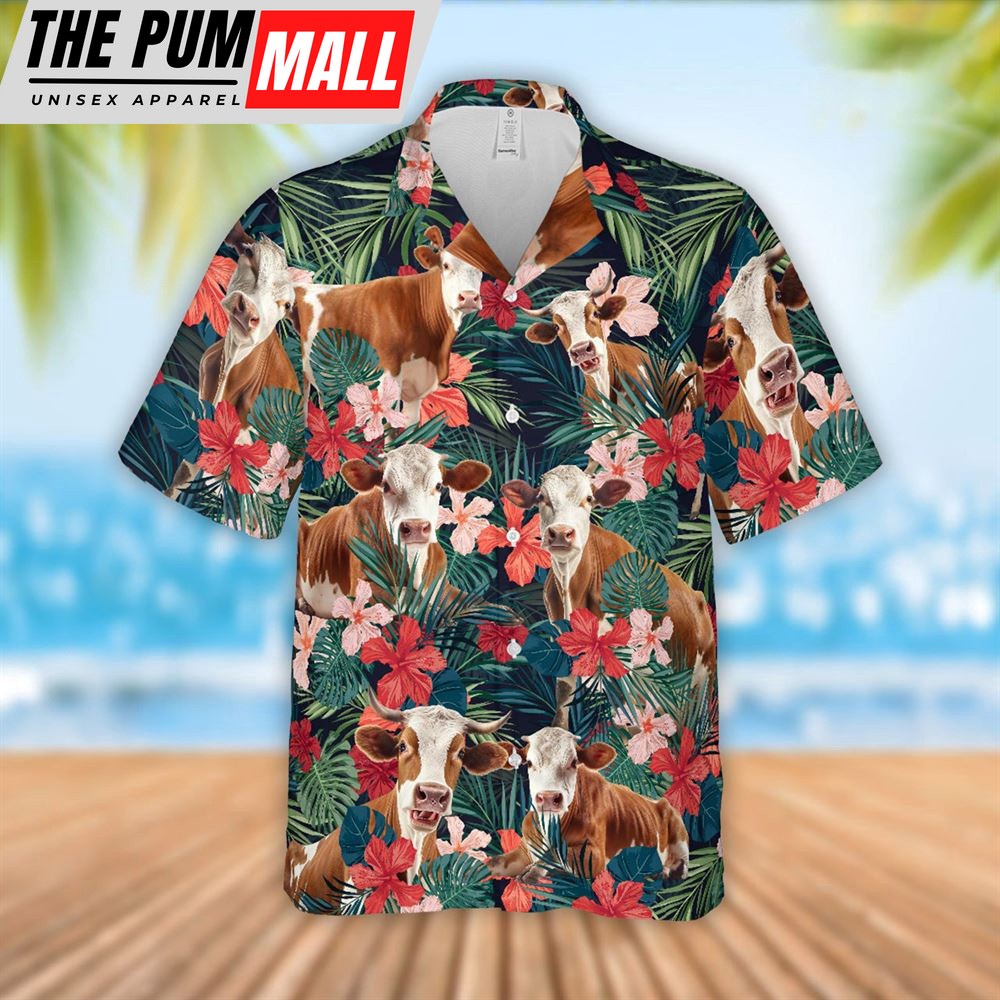 Farm Hawaiian Shirt, Simmental Cattle Red Tropical Flowers Hawaiian Shirt, Summer Gift, Animal Hawaiian Shirt