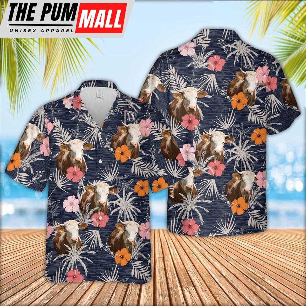 Farm Hawaiian Shirt, Simmental Cattle Tropical Exotic Hawaiian Shirt, Animal Hawaiian Shirt