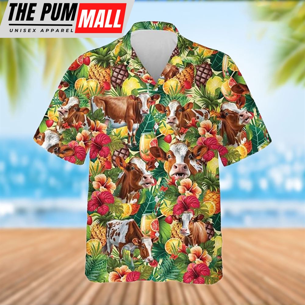 Farm Hawaiian Shirt, Simmental Cattle Tropical Fruits Pattern Hawaiian Shirt, Summer Gift, Animal Hawaiian Shirt