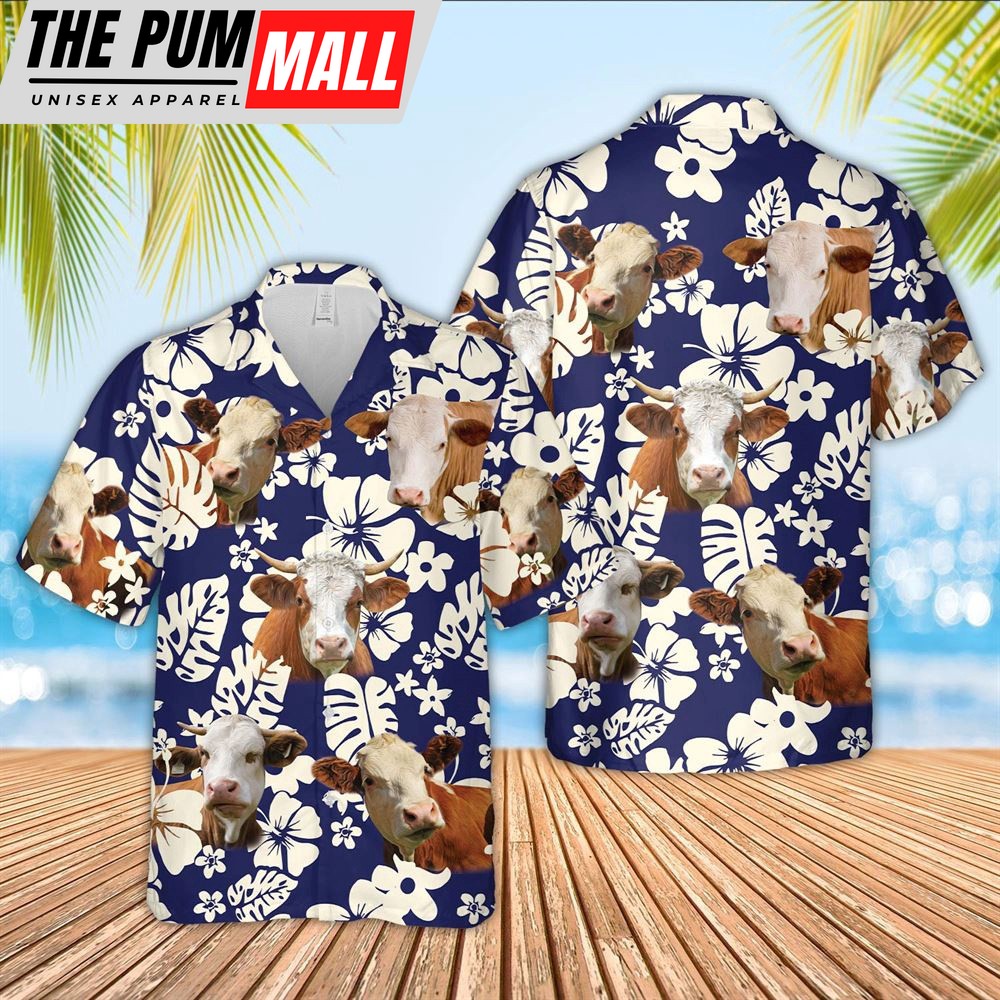 Farm Hawaiian Shirt, Simmental Flower Blue Pattern 3D Hawaiian Shirt, Animal Hawaiian Shirt