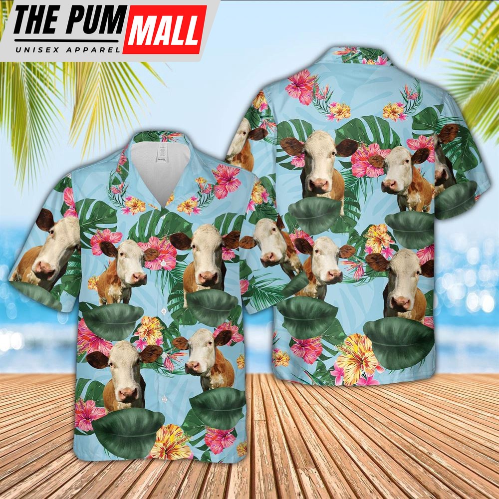 Farm Hawaiian Shirt, Simmental Flower Pattern 3D Hawaiian Shirt, Animal Hawaiian Shirt