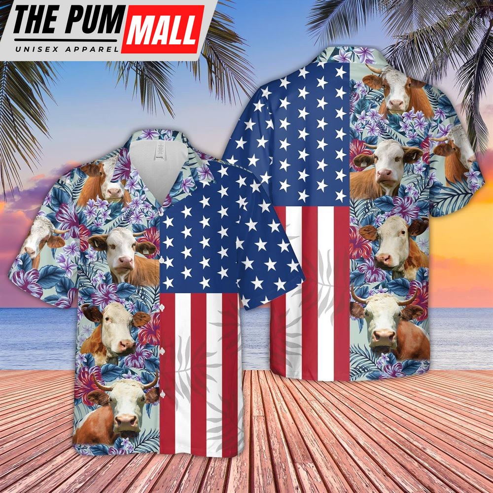 Farm Hawaiian Shirt, Simmental Flower Pattern American 3D Hawaiian Shirt, Animal Hawaiian Shirt