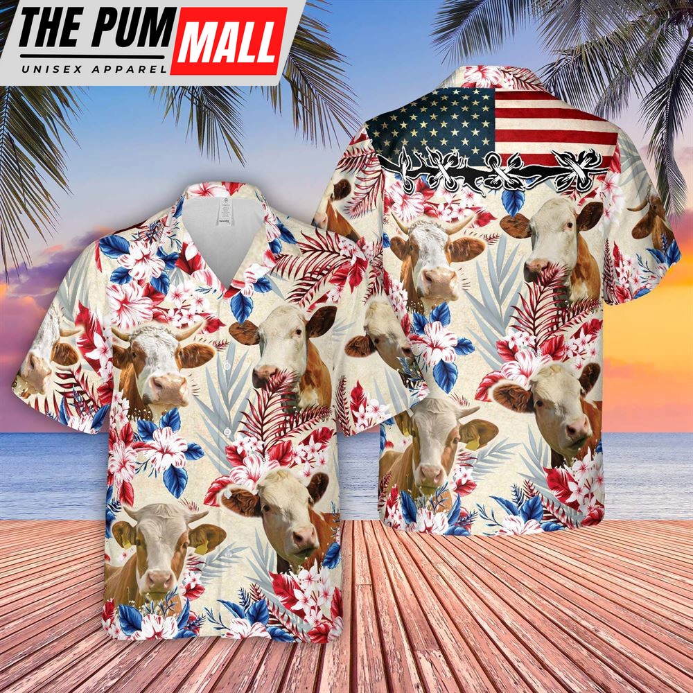 Farm Hawaiian Shirt, Simmental Pattern Us Flag Hawaiian Shirt, Animal Hawaiian Shirt
