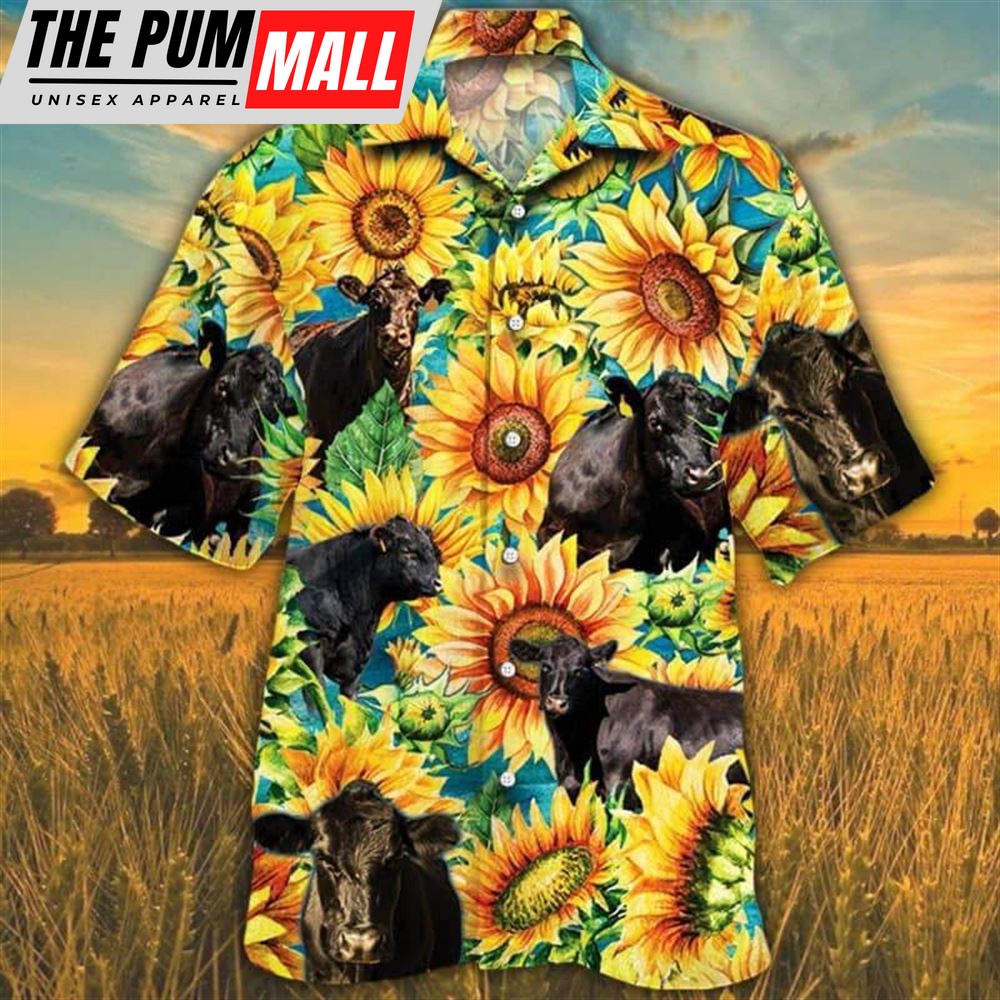 Farm Hawaiian Shirt, Sunflower Black Angus Cattle All Printed 3D Hawaiian Shirt, Animal Hawaiian Shirt