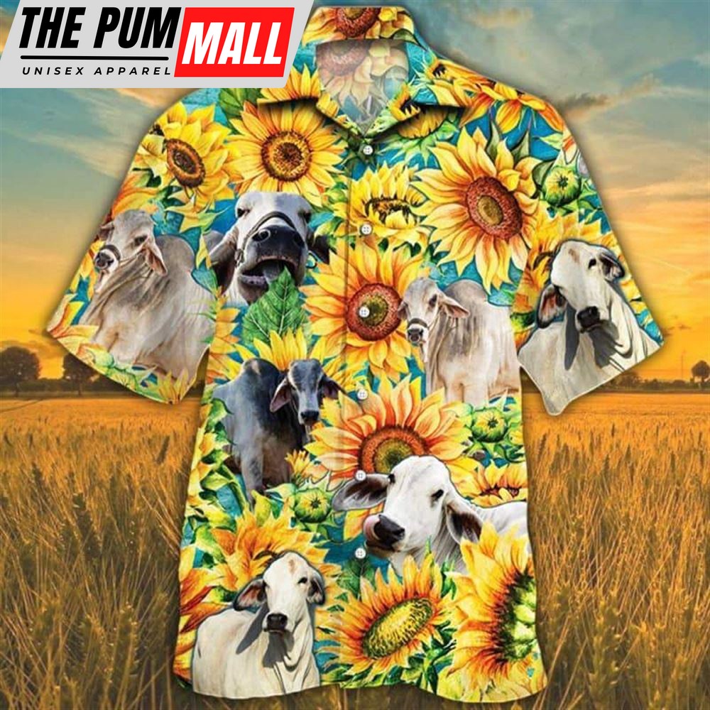 Farm Hawaiian Shirt, Sunflower Brahman Cattle All Printed 3D Hawaiian Shirt, Animal Hawaiian Shirt