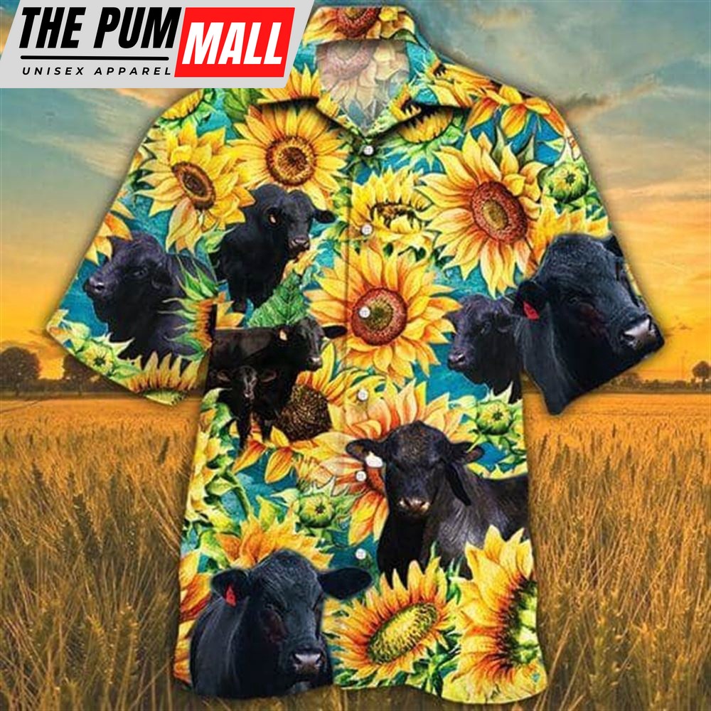 Farm Hawaiian Shirt, Sunflower Brangus Cattle All Printed 3D Hawaiian Shirt, Animal Hawaiian Shirt