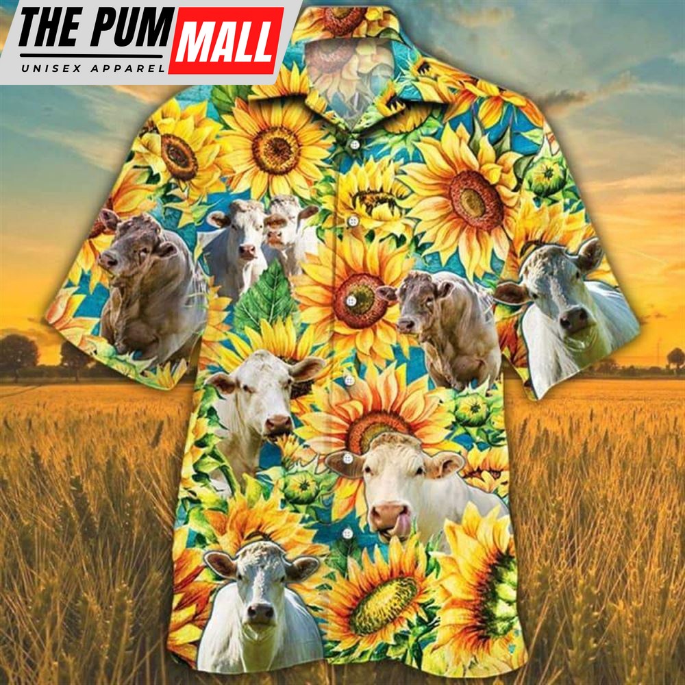 Farm Hawaiian Shirt, Sunflower Charolais Cattle All Printed 3D Hawaiian Shirt, Animal Hawaiian Shirt