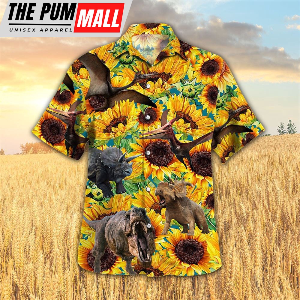 Farm Hawaiian Shirt, Sunflower Dinosaur All Printed 3D Hawaiian Shirt, Animal Hawaiian Shirt