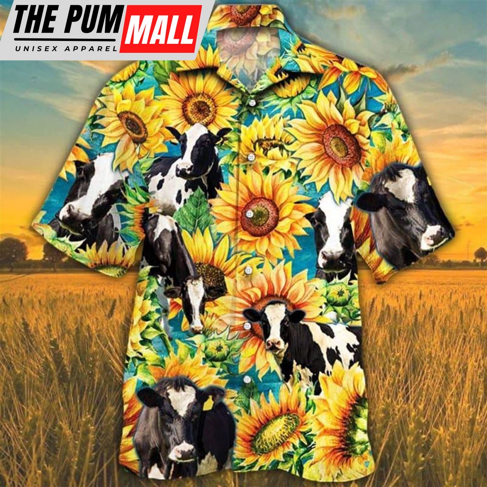 Farm Hawaiian Shirt, Sunflower Holstein Friesian Cattle All Printed 3D Hawaiian Shirt, Animal Hawaiian Shirt