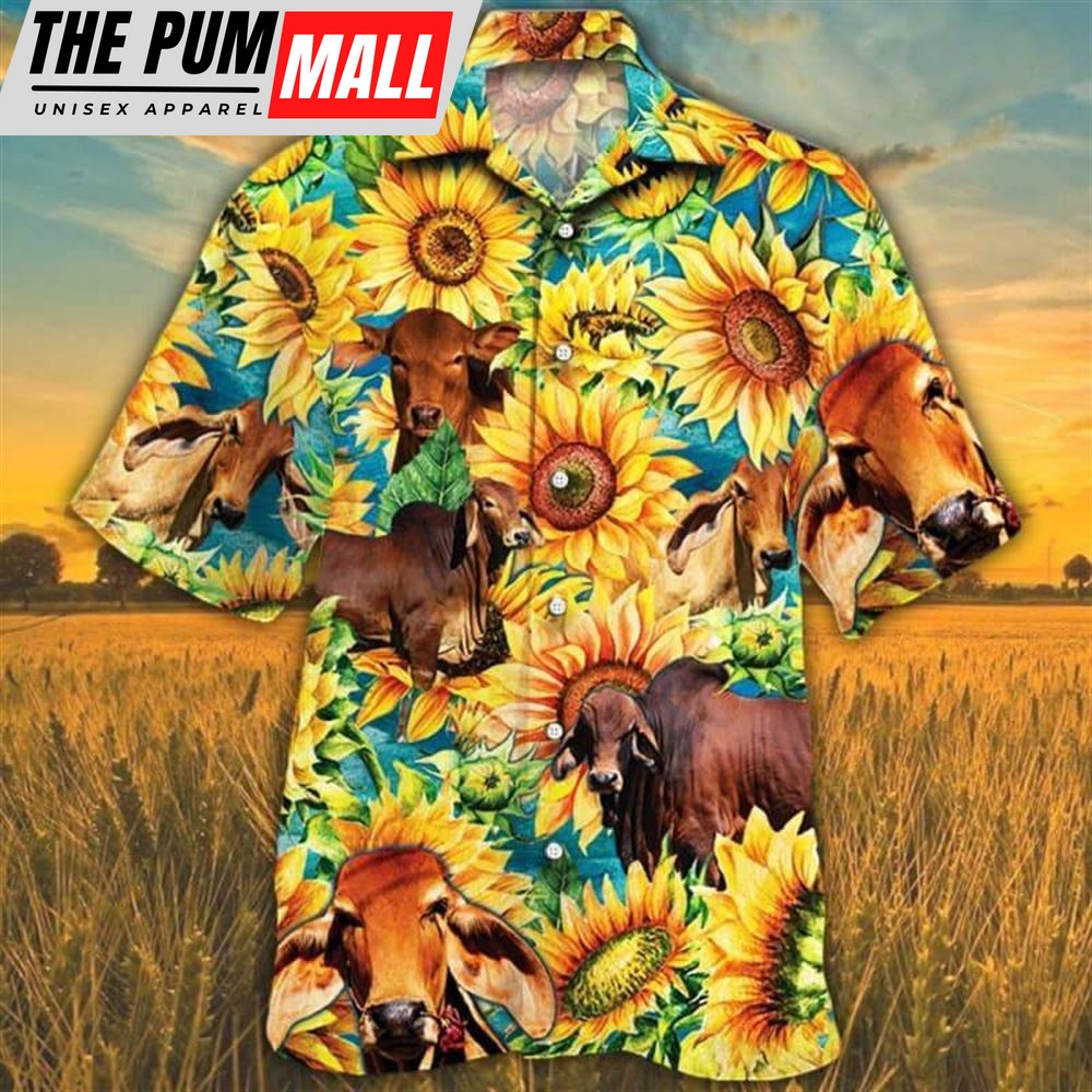 Farm Hawaiian Shirt, Sunflower Red Brahman Cattle All Printed 3D Hawaiian Shirt, Animal Hawaiian Shirt