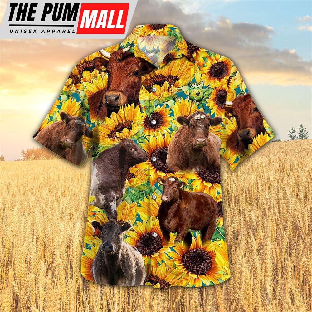 Farm Hawaiian Shirt, Sunflower Shorthorn Cattle All Printed 3D Hawaiian Shirt, Animal Hawaiian Shirt
