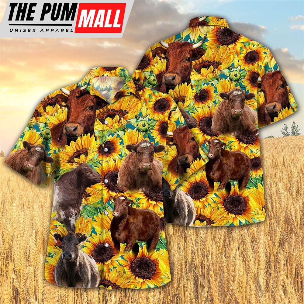 Farm Hawaiian Shirt, Sunflower Shorthorn Cattle All Printed 3D Hawaiian Shirt For Men And Women, Animal Hawaiian Shirt